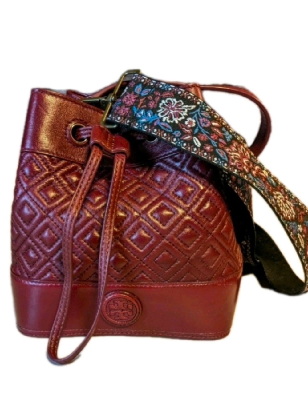 Tory Burch Marion Wine Burgundy Quilted Leather Bucket Crossbody/Tote Bag